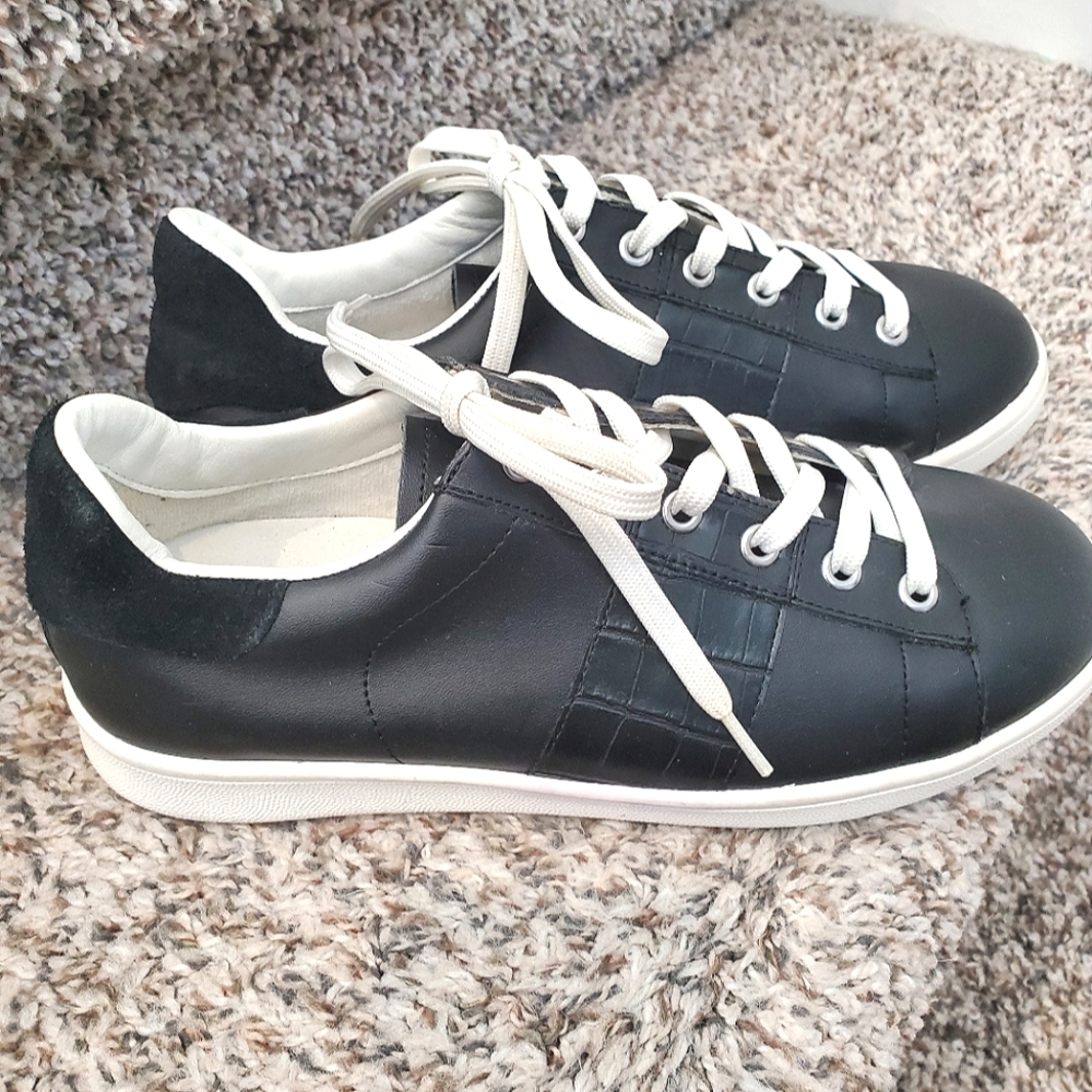 SAM EDELMAN | Marquette Black Leather and Croc Detail Sneakers